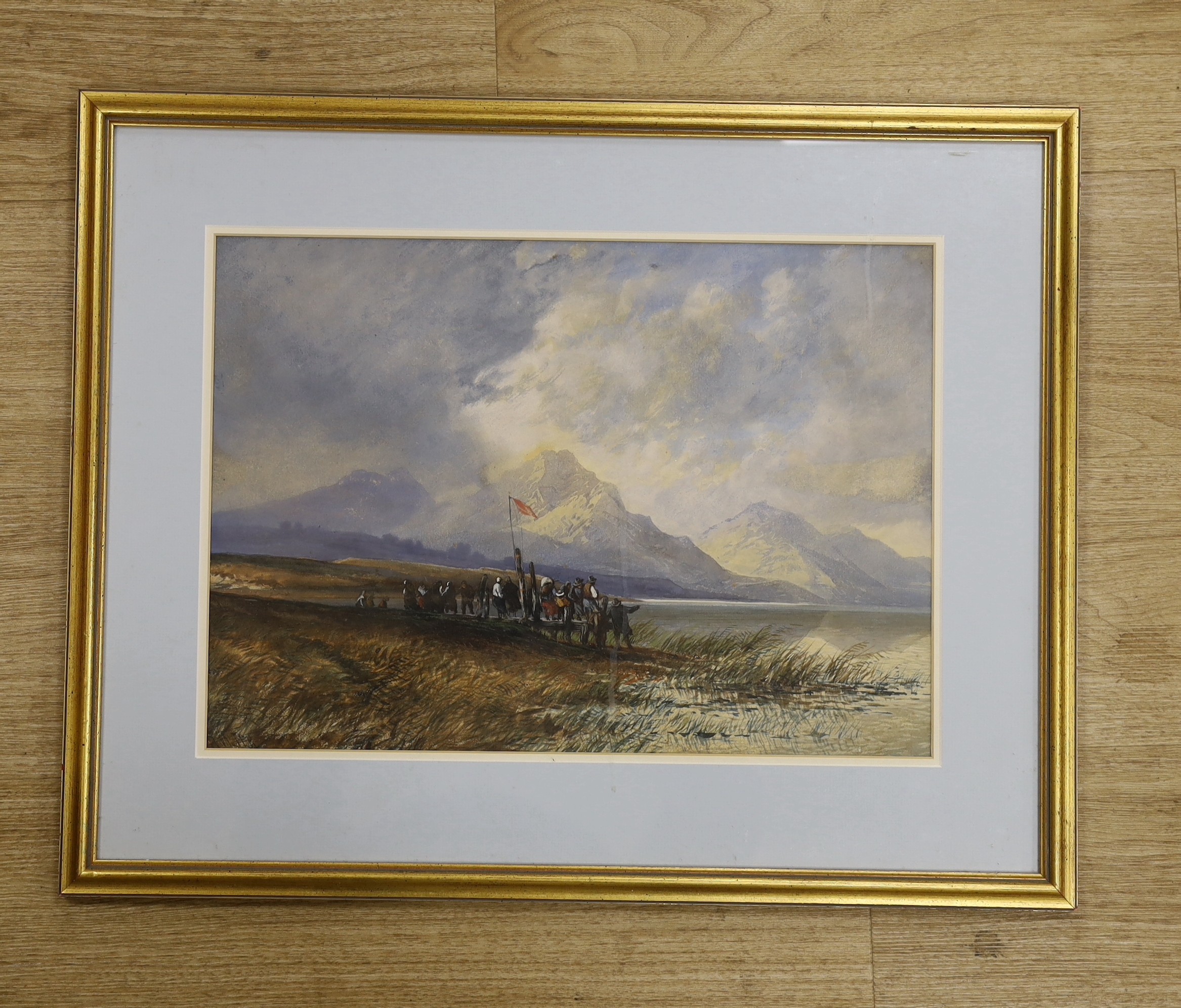 H. Valter (fl.1854-64), watercolour with gum arabic, Figures on the shore of a lake, signed, 32 x 44cm